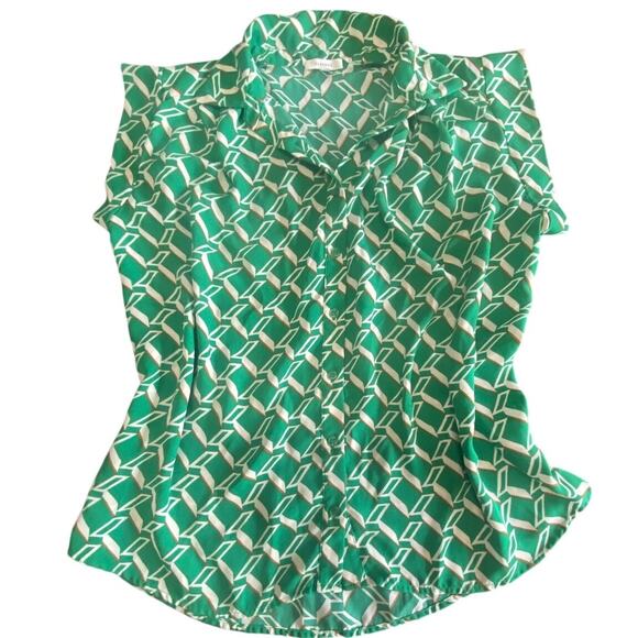 Pleione Tops - Pleione Green Geometric Print Sleeveless Button Down Blouse Size Small